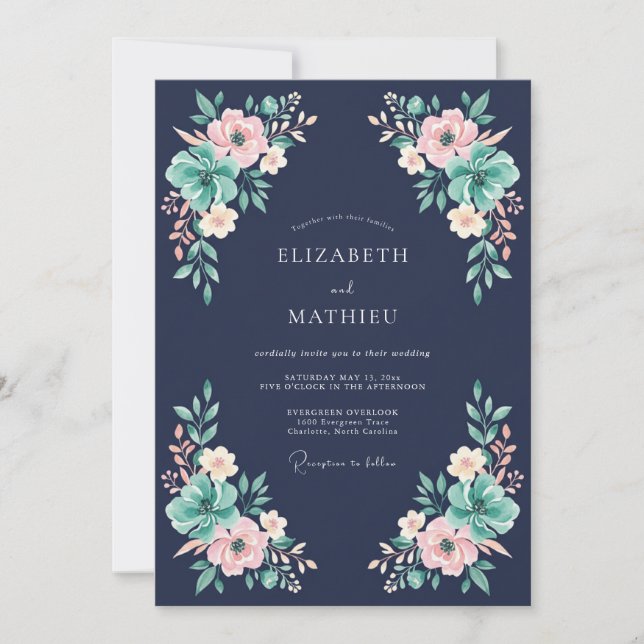 Convites Casamento Floral Poético Azul Marinho (Frente)