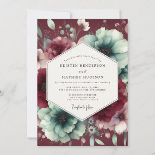 Convites Casamento Floral Poético em Borgonha e Azul Turque