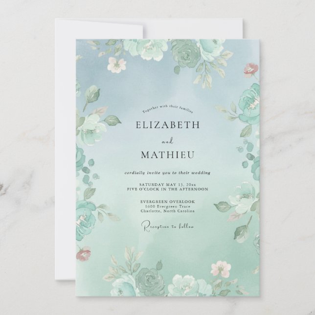 Convites Casamento Floral Poético em Verde Limão (Frente)