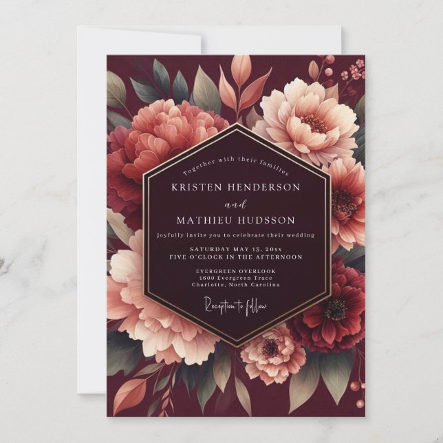Convites Casamento Floral Poético Merlot (Frente)