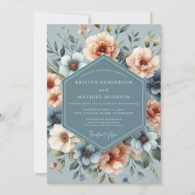 Convites Casamento Floral Poético Slate & Apricot (Frente)