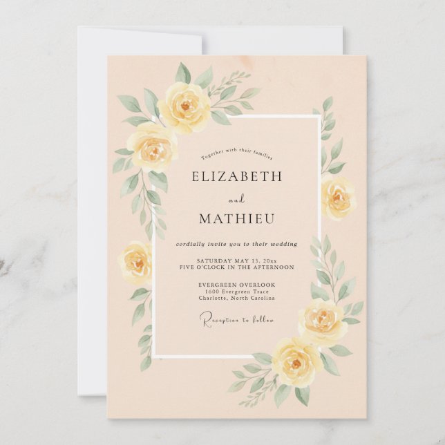 Convites Casamento Floral Polido em Pêssego (Frente)