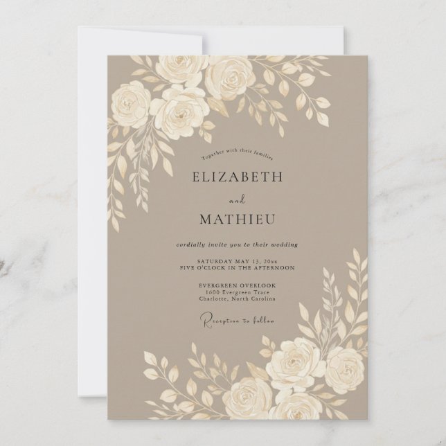 Convites Casamento Floral Polido Mocha (Frente)