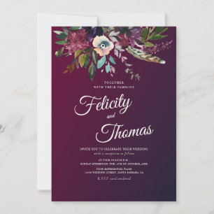 Convites Casamento Floral por Aquarela Dark Burgundy
