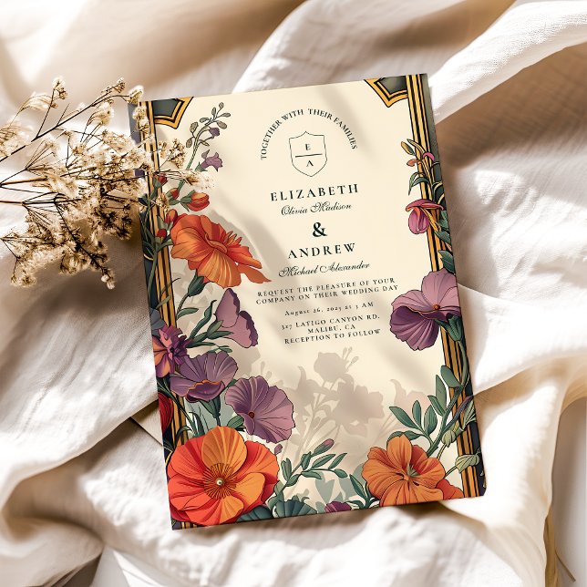 Convites Casamento Floral Pôr do Sol Art Nouveau (Criador carregado)