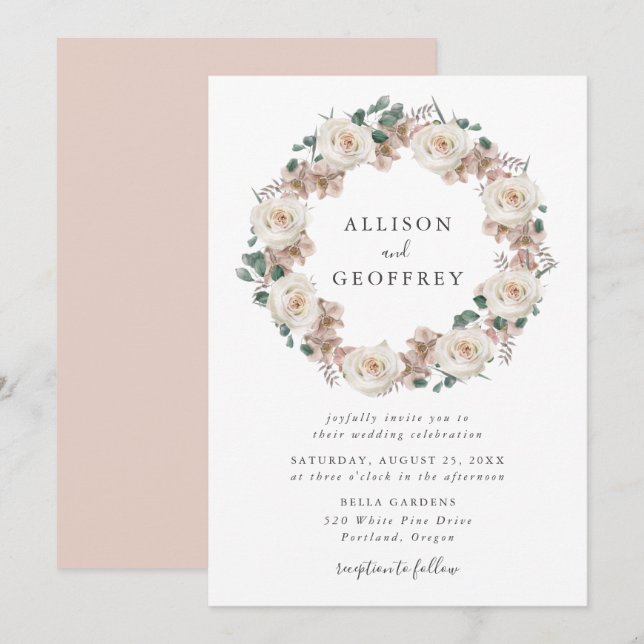 Convites Casamento Floral por Wreath com Rosas de Aquarelas (Frente/Verso)