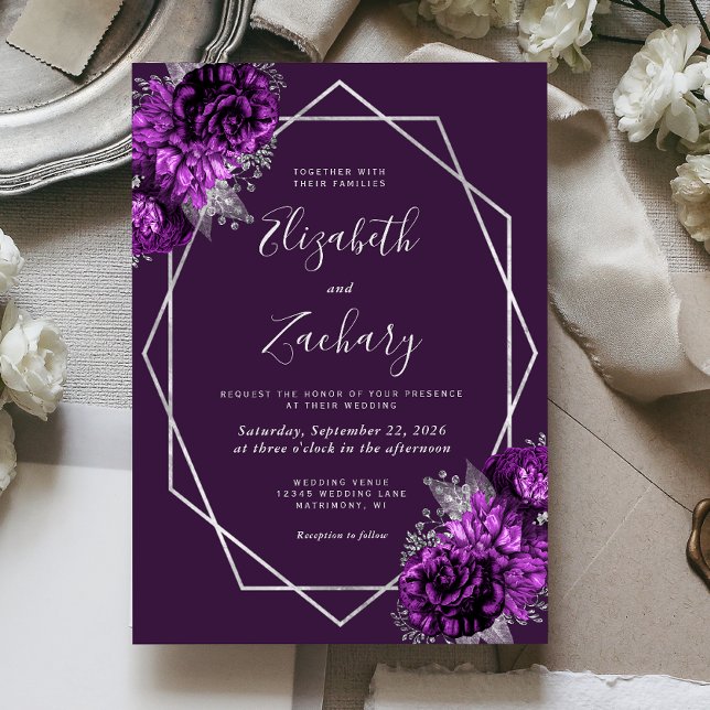 Convites Casamento Floral Prata Ameixa Roxa (Criador carregado)