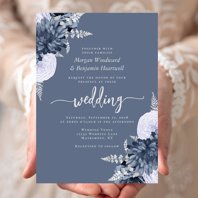 Convites Casamento Floral Prata Azul Empoeirado (Criador carregado)