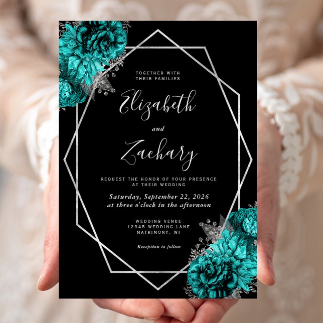 Convites Casamento Floral Prata Azul Turquesa Preto (Criador carregado)