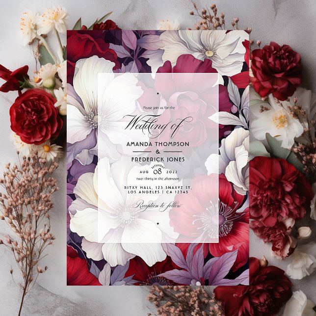 Convites Casamento Floral Prata, Branco e Vermelho Intenso (Criador carregado)