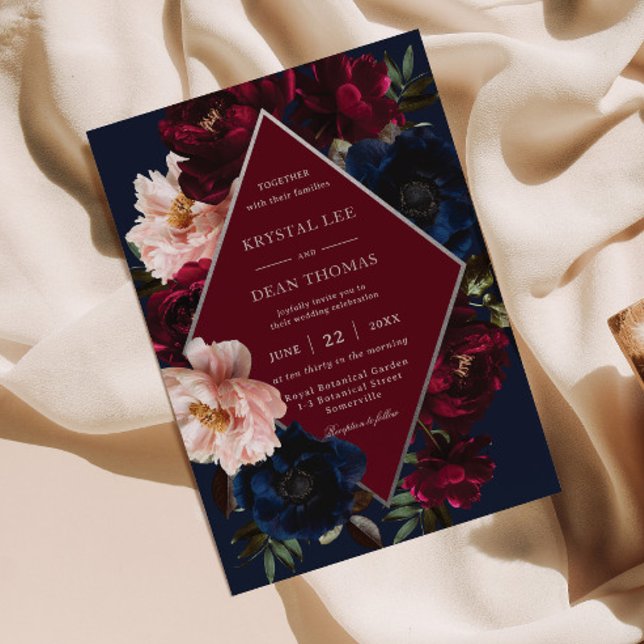 Convites Casamento Floral Prata Burgundy Blush Navy (Criador carregado)