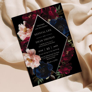 Convites Casamento Floral Prata Rosa Borgonha Preto