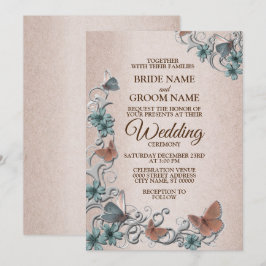 Convites Casamento Floral Prata Verde-Cobre Borboleta Bege