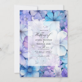 Convites Casamento Floral Prateado, Azul Gélido e Lilás