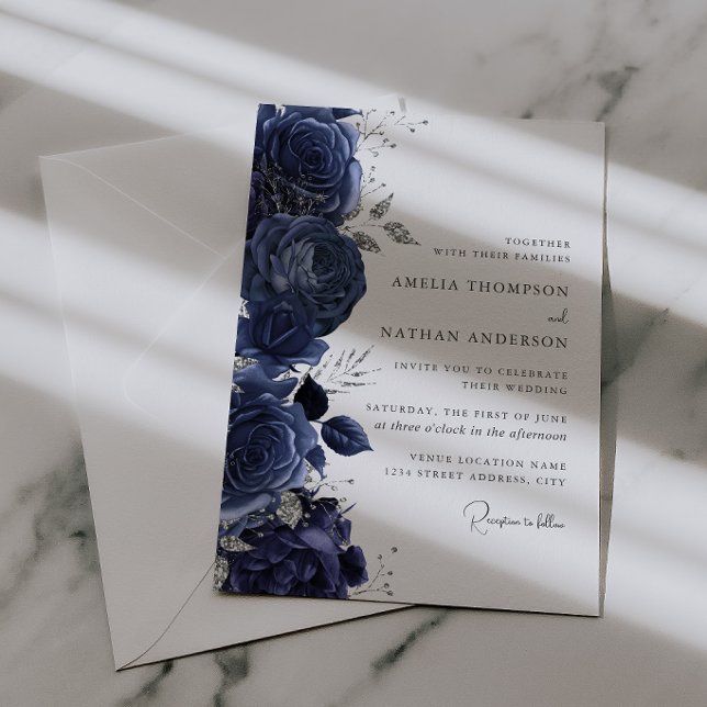 Convites Casamento Floral Prateado Azul Marinho Elegante (Criador carregado)