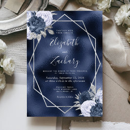 Convites Casamento Floral Prateado Azul Poeirento Naval