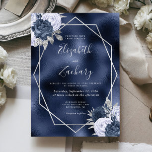Convites Casamento Floral Prateado Azul Poeirento Naval
