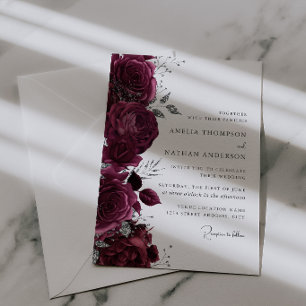 Convites Casamento Floral Prateado Burgundy Elegante