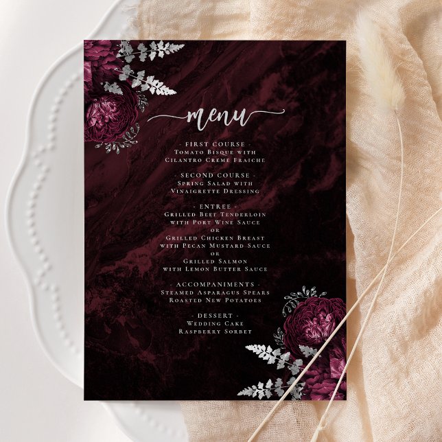 Convites Casamento Floral Prateado Burgundy Elegante (Criador carregado)