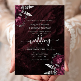 Convites Casamento Floral Prateado Burgundy Elegante