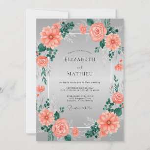 Convites Casamento Floral Prateado Radiante de Coral