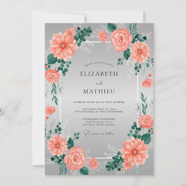 Convites Casamento Floral Prateado Radiante de Coral (Frente)