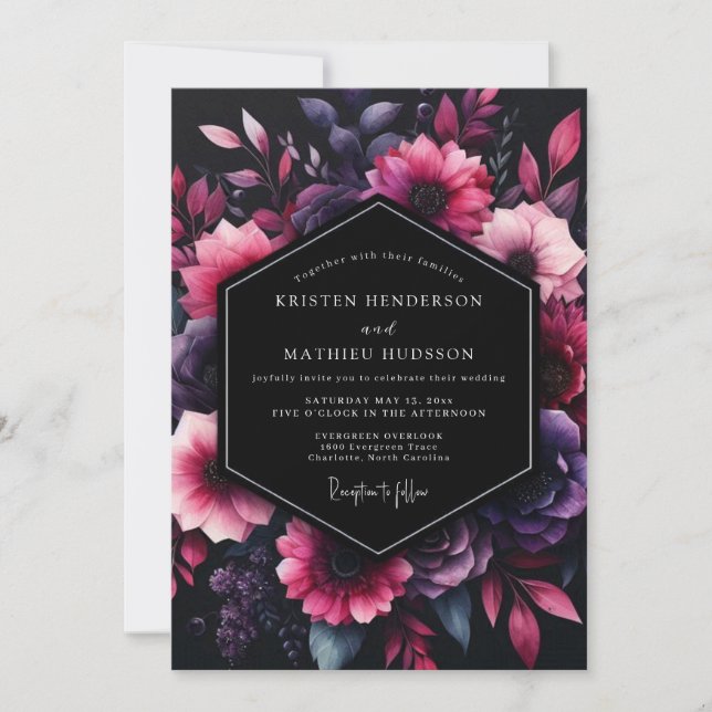 Convites Casamento Floral Preto Âmbar (Frente)