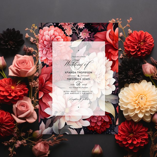 Convites Casamento Floral Preto, Branco e Vermelho de Outon (Criador carregado)