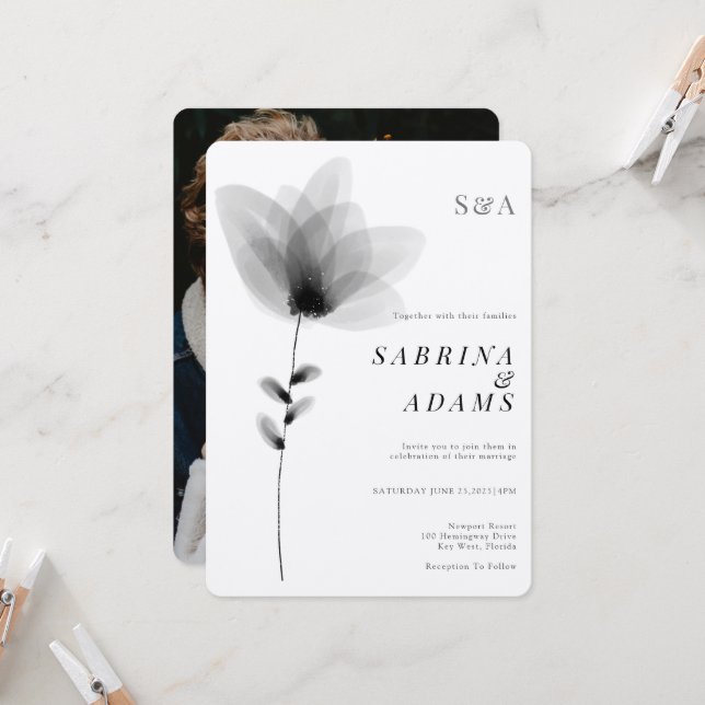 Convites Casamento Floral Preto Branco Foto Monogramado Chi (Frente/Verso In Situ)