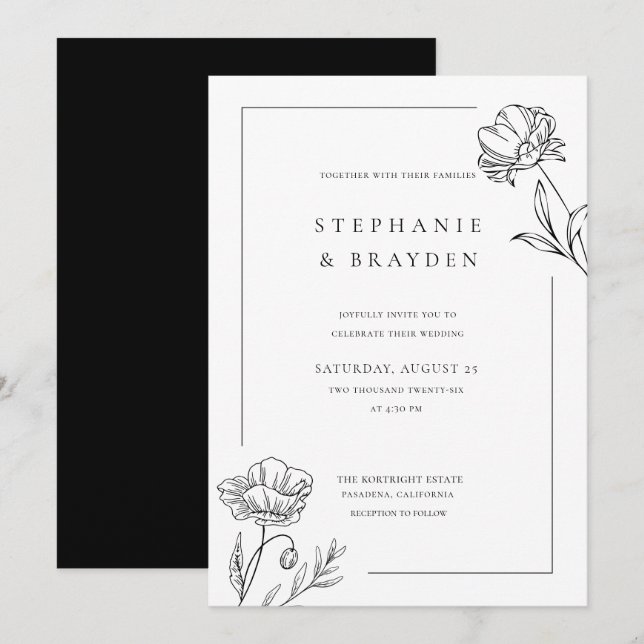 Convites Casamento Floral Preto Branco Moderno Elegante Sim (Frente/Verso)