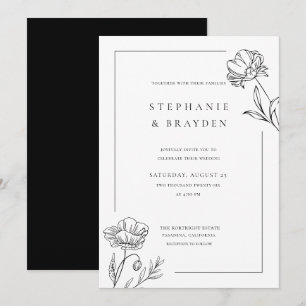Convites Casamento Floral Preto Branco Moderno Elegante Sim