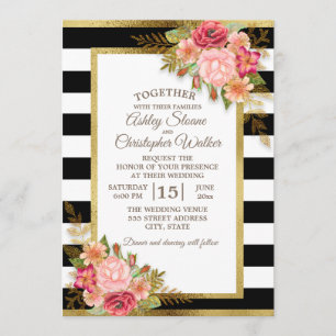 Convites Casamento Floral Preto Branco Rosa Vermelho Dourad