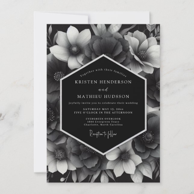 Convites Casamento Floral Preto Carvão (Frente)
