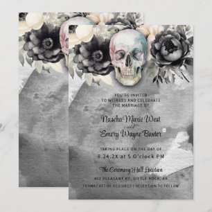 Convites Casamento Floral Preto de Peônia Gótica e Caveira