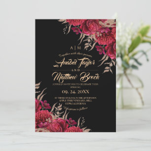 Convites Casamento Floral Preto Dourado Borgonha Rústico