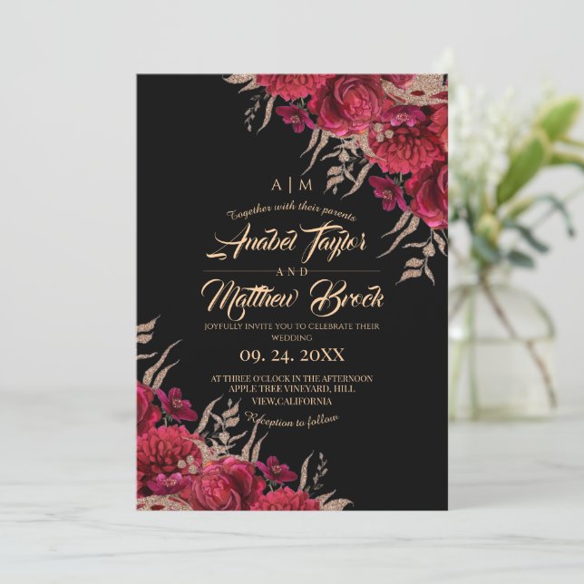 Convites Casamento Floral Preto Dourado Borgonha Rústico (Em pé/Frente)