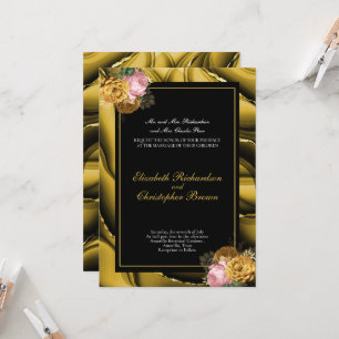 Convites Casamento Floral Preto Dourado Elegante
