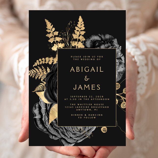 Convites Casamento Floral Preto Dourado Elegante (Criador carregado)