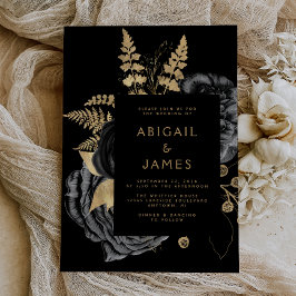 Convites Casamento Floral Preto Dourado Elegante e Sombrio