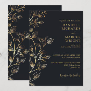 Convites Casamento Floral Preto Dourado Moderno e Elegante