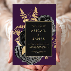 Convites Casamento Floral Preto Dourado Roxo Elegante
