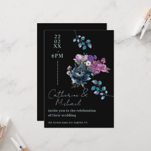 Convites Casamento Floral Preto e Azul Meia-Noite Gótico Ma