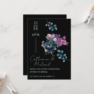 Convites Casamento Floral Preto e Azul Meia-Noite Gótico Ma