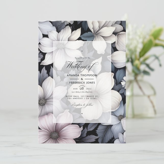 Convites Casamento Floral Preto e Branco (Em pé/Frente)