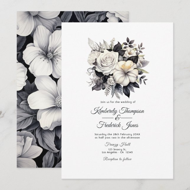 Convites Casamento Floral Preto e Branco (Frente/Verso)
