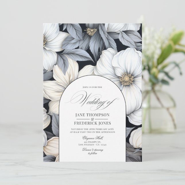 Convites Casamento Floral Preto e Branco Atemporal (Em pé/Frente)
