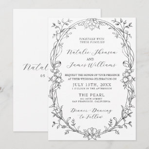 Convites Casamento Floral Preto e Branco com Estilo de Dinh