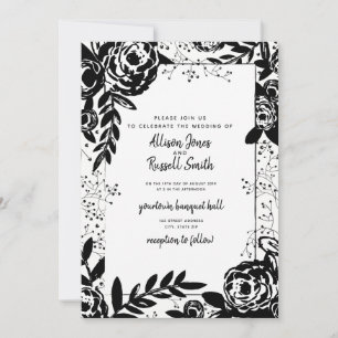 Convites Casamento floral preto e branco da caligrafia