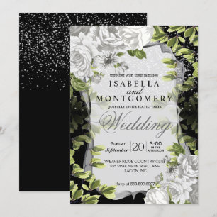 Convites Casamento floral preto e branco elegante
