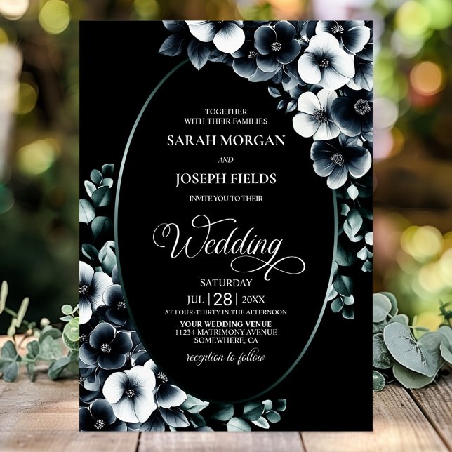 Convites Casamento Floral Preto e Branco Elegante (Criador carregado)